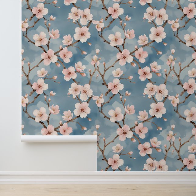 Peel and Stick Cherry Blossom Watercolor Blue  Wallpaper (Application)