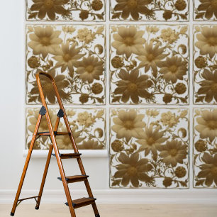Peel and stick gold flowers on white background wallpaper
