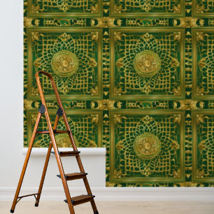 Peel and Stick Indian inspired Green Gold Pattern Wallpaper