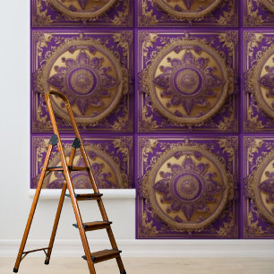Peel and Stick Indian Rich Purple Gold Squares Wallpaper