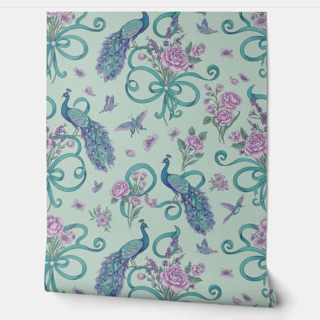 Peel and Stick Wallpaper – Elegant Peacock Ribbons (Unrolling)
