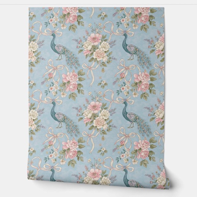 Peel and Stick Wallpaper – Vintage Peacock in Blue (Unrolling)