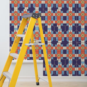 Peel Stick Artdeco Tiles Pattern Blue Orange Wallpaper