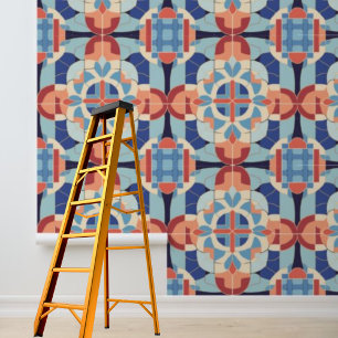 Peel Stick Blue Orange Geometric Tiles Pattern Wallpaper