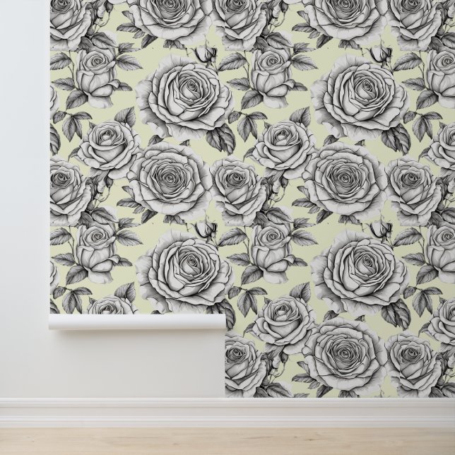 Peel Stick Roses on Pale Yellow Background Pattern Wallpaper (Application)