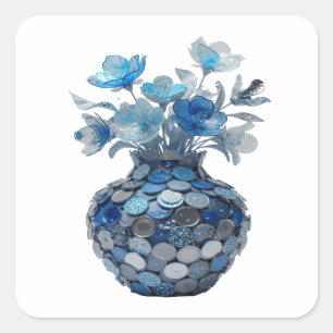 Peelable Silver BLUE FLORAL VASE Sticker Art