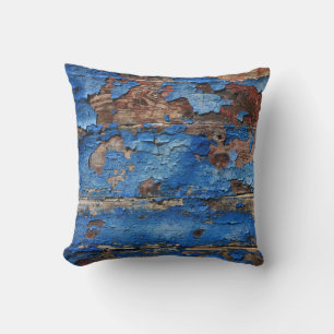 Peeling Blue Paint from Rustic Wood Cushion