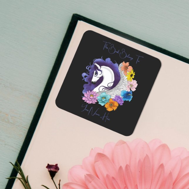 Pegasus Black Floral Bookplate  Square Sticker (Creator Uploaded)