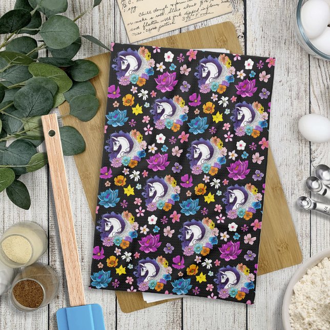 Pegasus Black Floral Tea Towel (Creator Uploaded)
