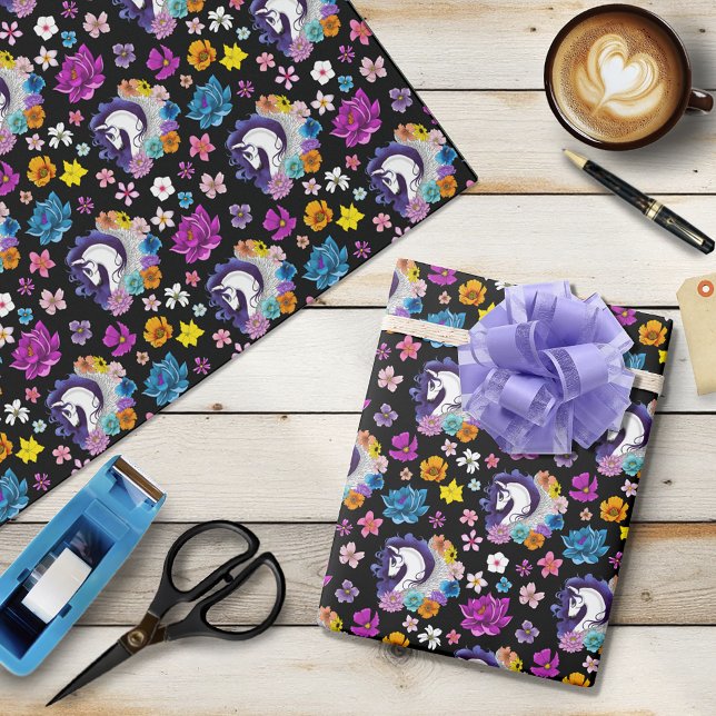 Pegasus Black Floral Wrapping Paper (Creator Uploaded)