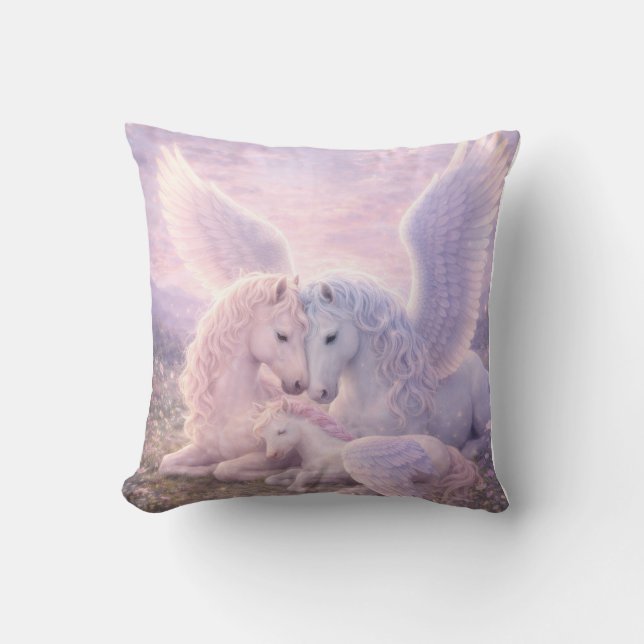 Pegasus Family – Soft Pastel Fantasy Canvas Art Cushion (Front)