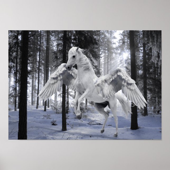 Pegasus Winged Flying Horse Forest Snow Poster (Front)