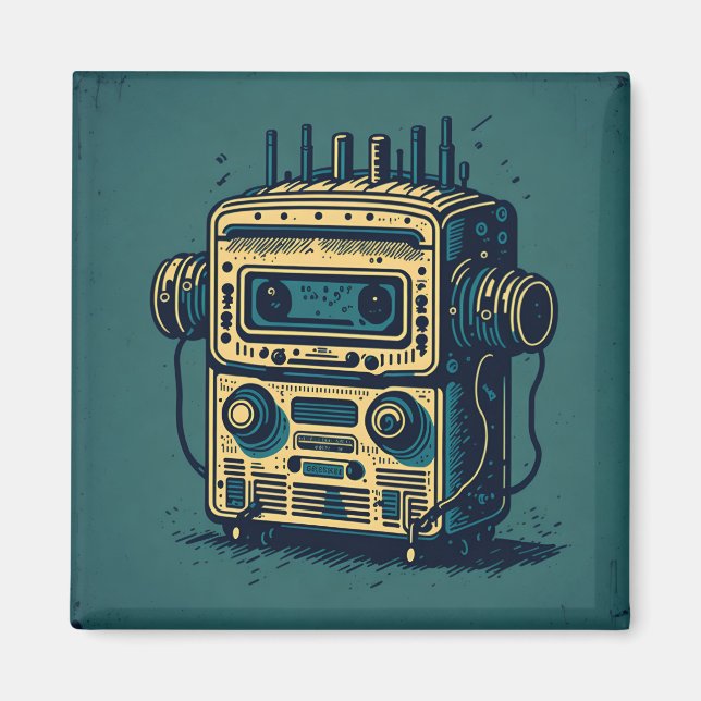 Pegatina Redonda vintage cute robot radio cassette Magnet (Front)