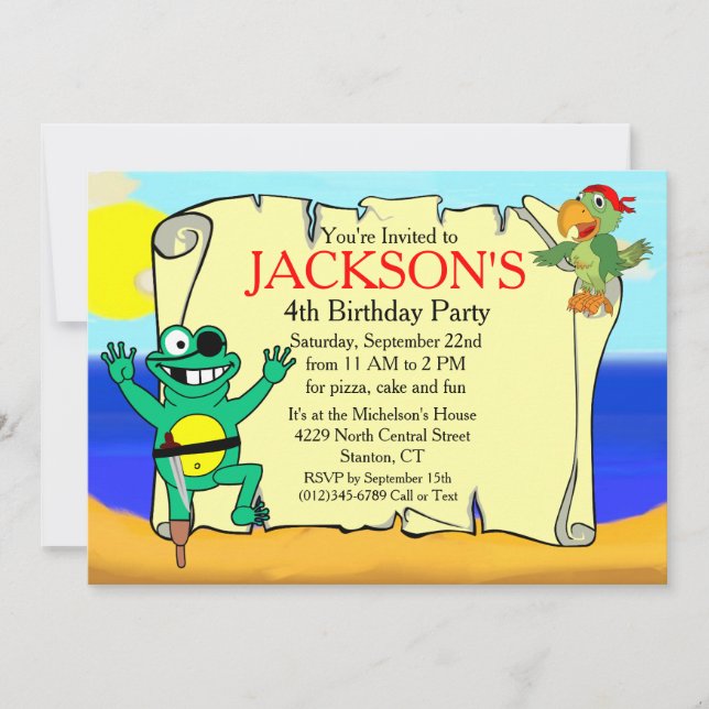 Pegleg Frog Pirate Parrot Birthday Invitation (Front)