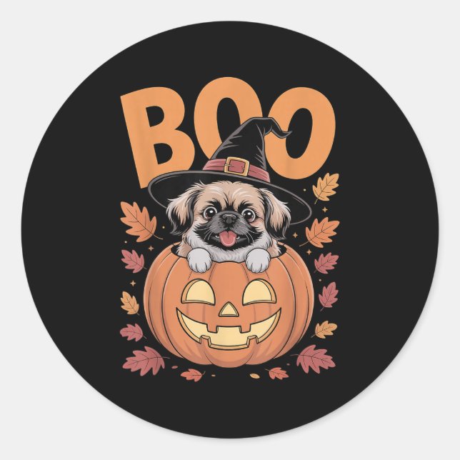 Peke Costume On Pumpkin Halloween Pekingese  Classic Round Sticker (Front)