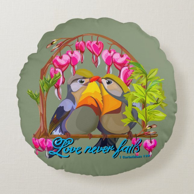 Pekin Robins—Leiothrix Love Never Fails Round Cushion (Front)