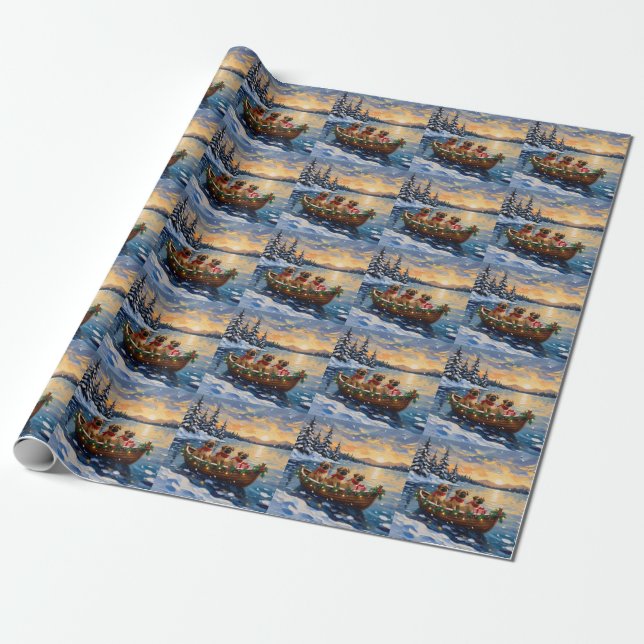 Pekingese Christmas Boat Holiday Wrapping Paper (Unrolled)