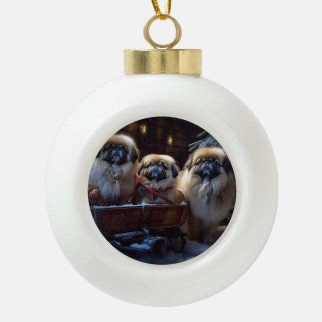 Pekingese Christmas Festive Season Ceramic Ball Christmas Ornament (Front)