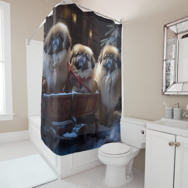 Pekingese Christmas Festive Season Shower Curtain (In Situ)