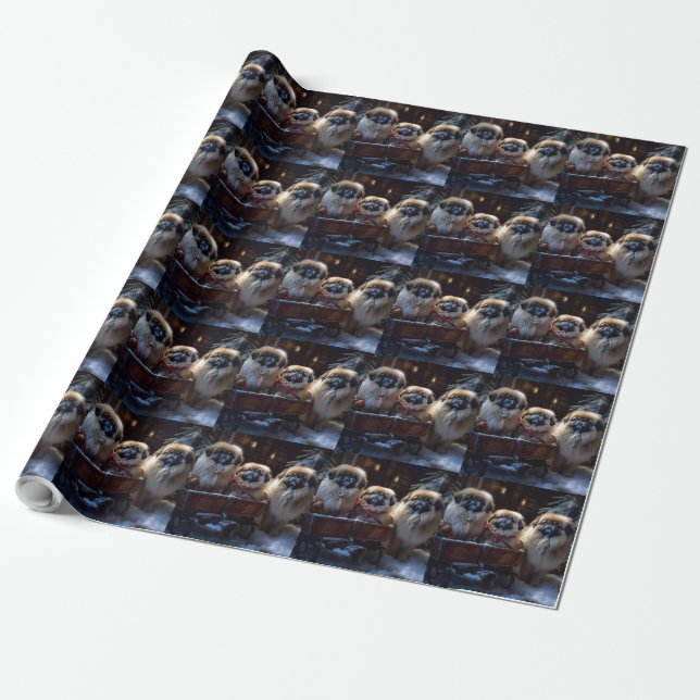 Pekingese Christmas Festive Season Wrapping Paper (Unrolled)