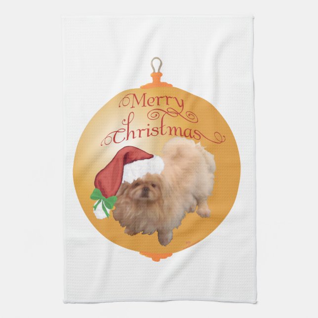 Pekingese Christmas Ornament Tea Towel (Vertical)