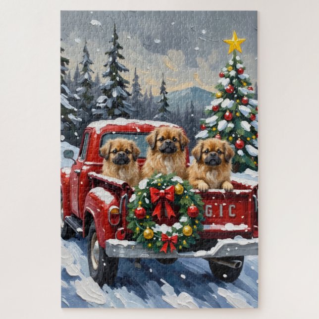 Pekingese Christmas Red Truck Holiday Jigsaw Puzzle (Vertical)