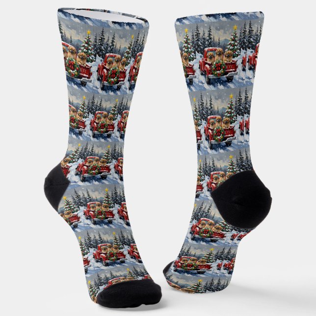 Pekingese Christmas Red Truck Holiday Socks (Angled)