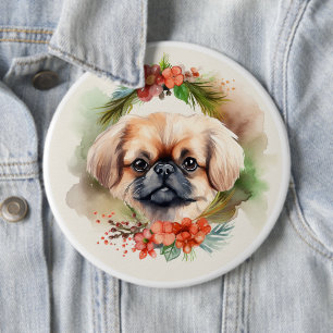 Pekingese Christmas Wreath Festive Pup 6 Cm Round Badge