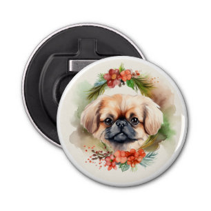 Pekingese Christmas Wreath Festive Pup  Bottle Opener