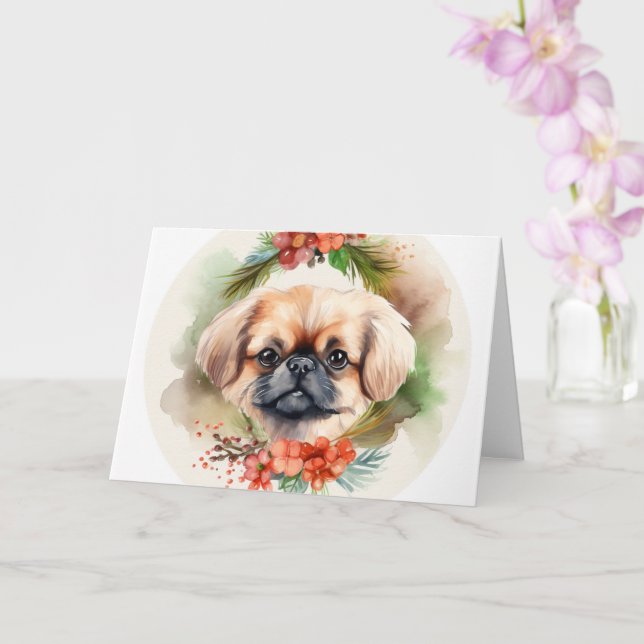 Pekingese Christmas Wreath Festive Pup  Card (Orchid)