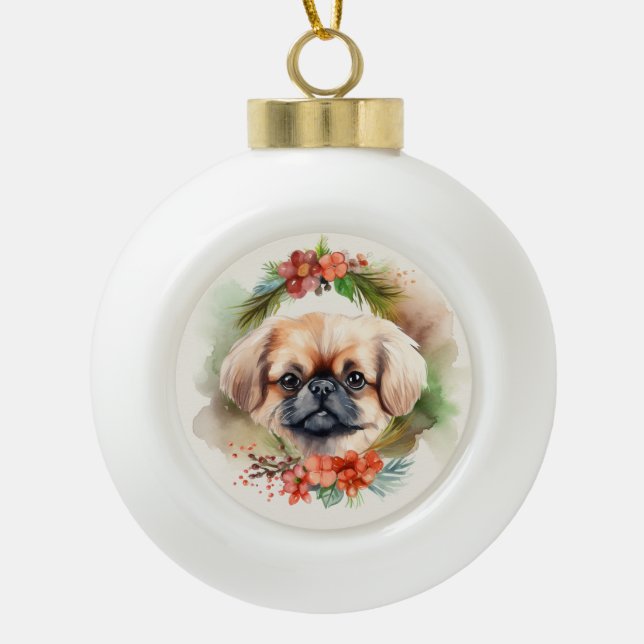 Pekingese Christmas Wreath Festive Pup  Ceramic Ball Christmas Ornament (Front)