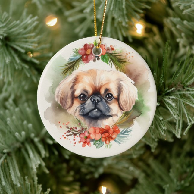 Pekingese Christmas Wreath Festive Pup  Ceramic Ornament (Tree)