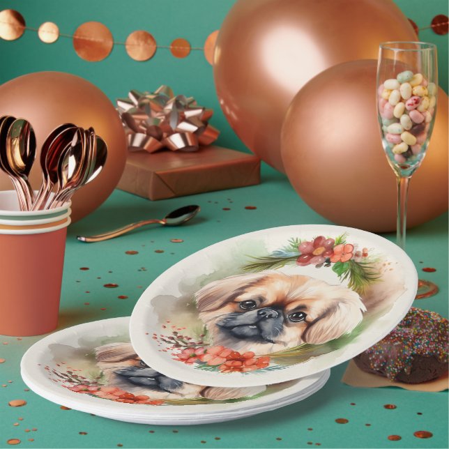 Pekingese Christmas Wreath Festive Pup  Paper Plate (Multi)