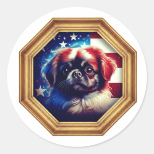 Pekingese Dog American Flag Gold Frame Classic Round Sticker