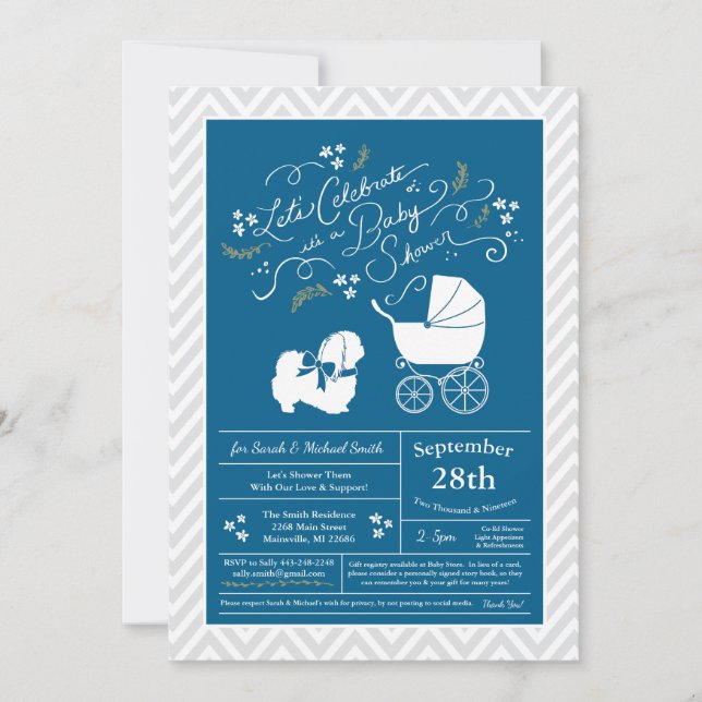 Pekingese Dog Baby Shower Boy Blue Invitation (Front)