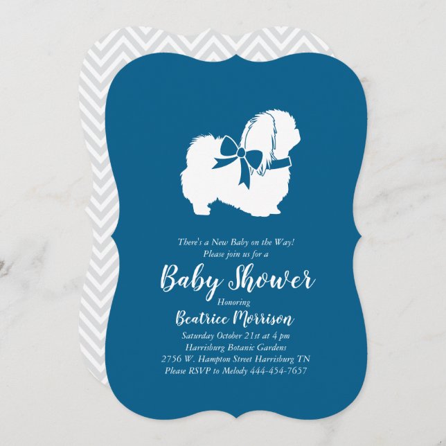 Pekingese Dog Baby Shower Boy Blue Invitation (Front/Back)
