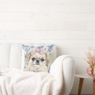 Pekingese Dog Blue Toile Cushion