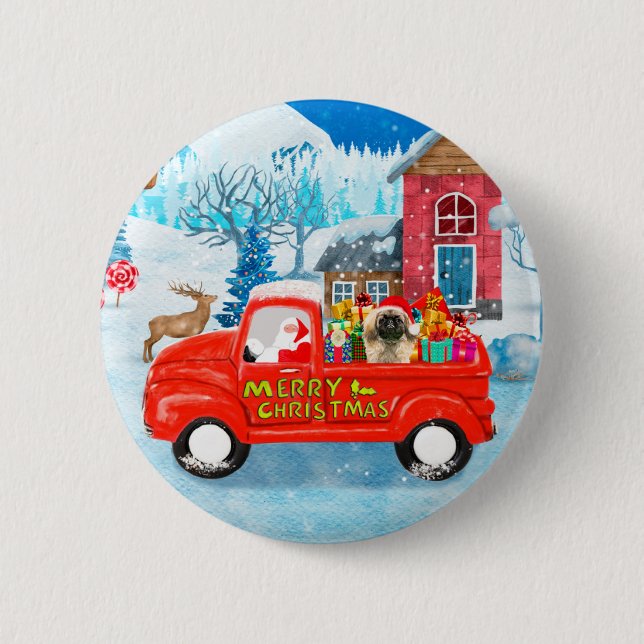 Pekingese Dog Christmas Delivery Truck Snow 6 Cm Round Badge (Front)