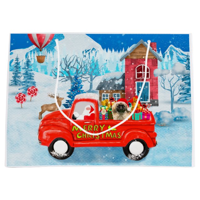 Pekingese Dog Christmas Delivery Truck Snow Large Gift Bag (Front)
