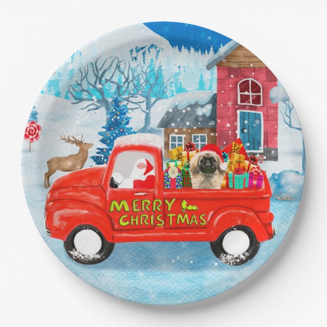 Pekingese Dog Christmas Delivery Truck Snow Paper Plate (Front)