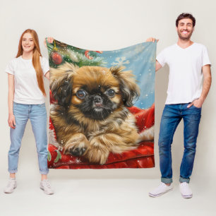 Pekingese Dog Christmas Festive Fleece Blanket