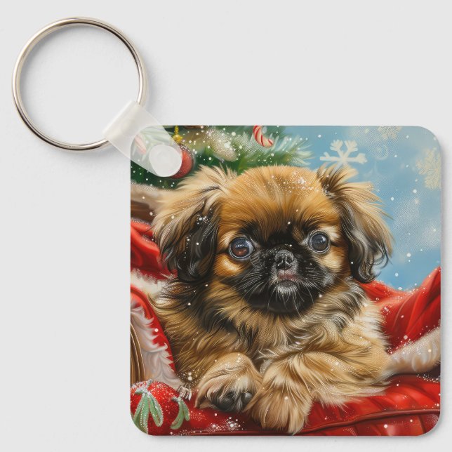 Pekingese Dog Christmas Festive Key Ring (Front)