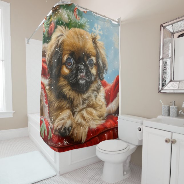 Pekingese Dog Christmas Festive Shower Curtain (In Situ)