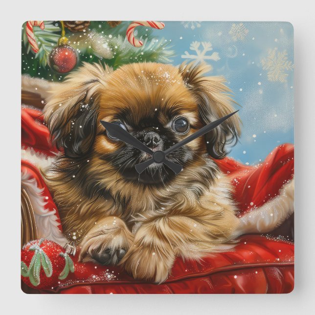 Pekingese Dog Christmas Festive Square Wall Clock (Front)