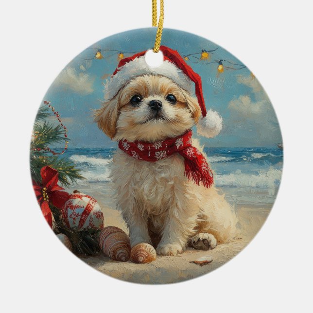 Pekingese Dog Christmas Vintage Beach  Ceramic Ornament (Front)