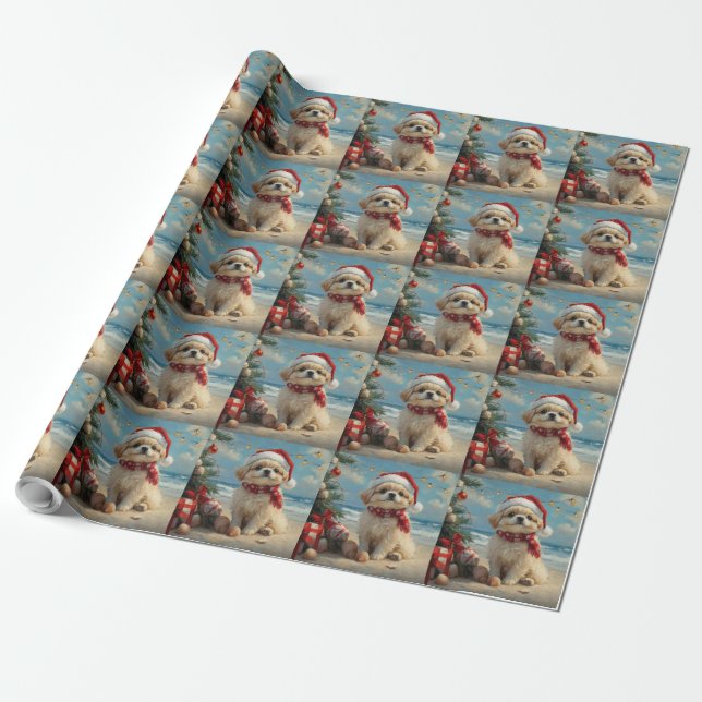Pekingese Dog Christmas Vintage Beach  Wrapping Paper (Unrolled)