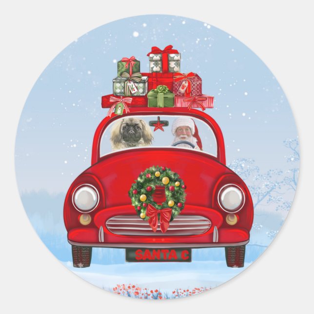 Pekingese Dog In Car With Santa Claus  Classic Round Sticker (Front)