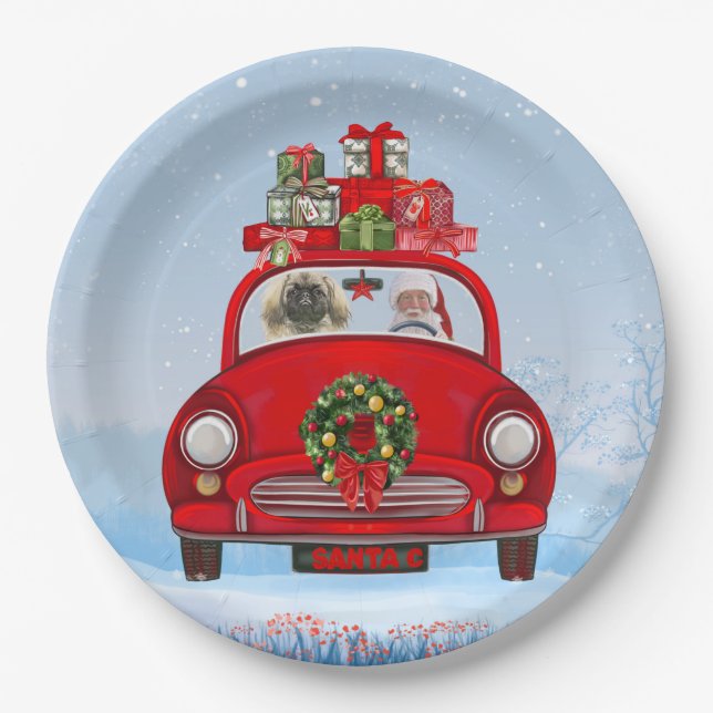 Pekingese Dog In Car With Santa Claus  Paper Plate (Front)