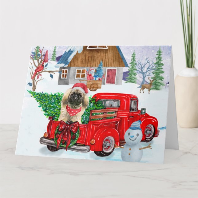 Pekingese Dog In Christmas Delivery Truck Snow Card (Front)