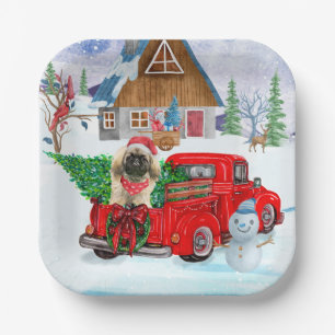 Pekingese Dog In Christmas Delivery Truck Snow Paper Plate